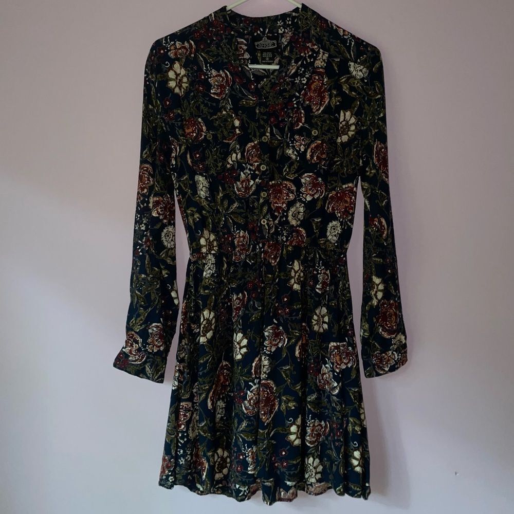 Angie Midi Dress M Navy Floral Blouson Long Sleeve Button
